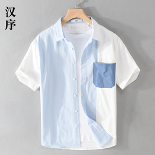 夏季潮牌复古拼色短袖，衬衫男日系拼接纯棉，半袖衬衣男薄款休闲上衣