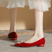 尖头平底婚鞋女2024春夏季年秀和婚纱两穿新娘鞋红色浅口单鞋