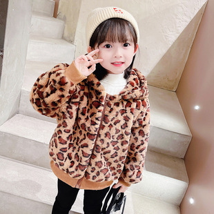 女童洋气豹纹外套女孩子，2023冬季韩版儿童加厚夹克宝宝大衣潮