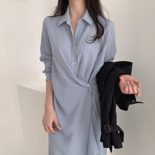 韩国chic夏季法式气质翻领，不规则褶皱设计感长袖衬衫式连衣裙女