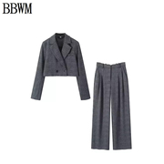 BBWM 欧美女装时尚短款格子上衣裤子两件套套装