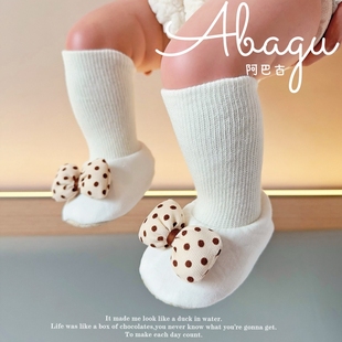 初生婴儿棉鞋冬季加绒鞋袜，一体0-3-5-6-9个月蝴蝶结，4女宝宝公主鞋
