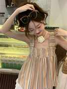 撞色条纹复古减龄娃娃衫2023夏季韩版女装无袖背心吊带上衣