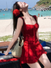 海边度假风不规则设计红色吊带裙子收腰显瘦气质短款连衣裙女夏季