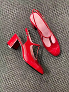 2023复古方头红色粗跟单鞋搭扣，法式真皮高跟，凉鞋玛丽珍女鞋