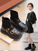 儿童袜靴女童靴子真软皮，黑色短靴袜子鞋，秋季2023英伦风二棉靴