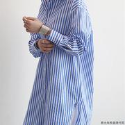 香港春秋2023蓝色竖条纹，衬衫休闲纯棉宽松大码长袖中长款女装