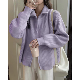 高级感超好看紫色针织开衫外套春秋季2023加厚翻领拉炼毛衣女