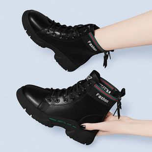 马丁靴女士平底英伦风短靴女2022春秋季女鞋子皮面黑色皮靴
