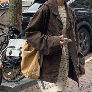 VintageTang美式复古咖色宽松牛仔外套女潮牌休闲春秋夹克禧柒