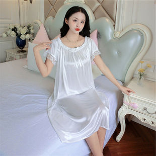 性感镂空透明白色夏季冰丝睡裙女人短袖，长款丝绸大码雪纺连衣裙薄