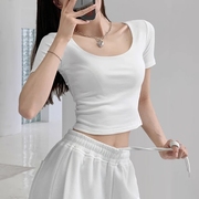 白色圆领短款t恤女短袖纯棉小众高腰，露脐紧身半袖上衣服夏季