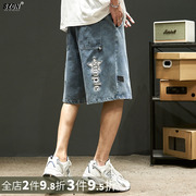 牛仔短裤男水洗做旧夏季薄款多口袋刺绣，中裤宽松美式工装五分裤子
