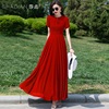 酒红色连衣裙夏季短袖，雪纺收腰显瘦到脚踝长裙优雅气质大摆裙
