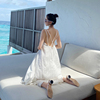 超仙马尔代夫旅游白色吊带连衣裙，超仙三亚海边度假露背沙滩裙女夏
