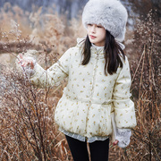 与花说连帽印花羽绒服，女灯笼袖短款白鸭绒(白鸭绒)外套冬季加厚