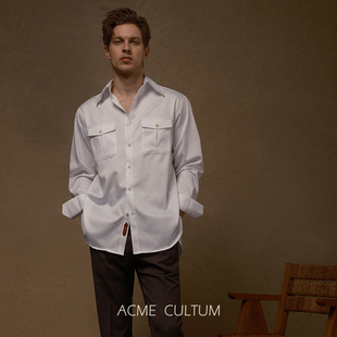 ac100%丝光棉意式长尖领廓形长袖，衬衫男高级感商务休闲外穿白衬衣(白衬衣)
