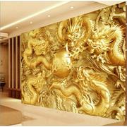 3D立体壁纸金色龙木雕酒店大客厅电视背景墙纸装饰壁画无纺布墙纸