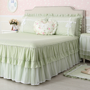 巧致全棉带裙边床单单件床裙蕾丝花边绿色纯棉，床罩三件套床盖公主