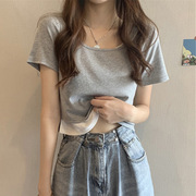 超火短袖T恤女2024夏韩版潮网红学生假两件短款高腰修身上衣