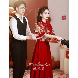 新中式改良旗袍敬酒服2023新娘酒(新娘酒)红色，绣花中国风红裙订婚礼服