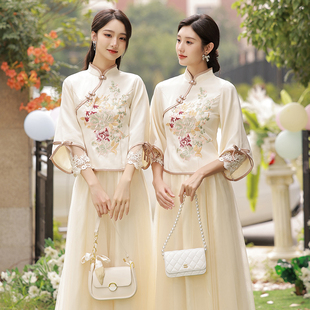 中式伴娘服女2024汉服姐妹装结婚礼服小个子，国风旗袍伴娘团裙