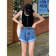 300斤大码女装韩版复古牛仔短裤女夏季个性松紧腰显瘦a字裤子