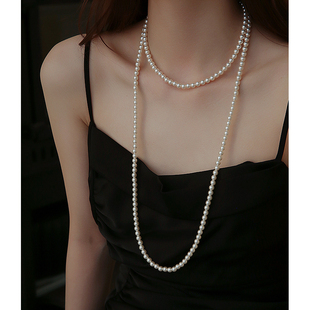 施家新中式多层叠戴长款珍珠项链2024女士毛衣链轻奢颈链