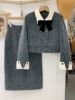 小香风灰色套装，女2023秋冬时尚双面，羊绒呢子外套半身裙两件套