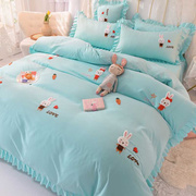 韩式水洗棉四件套床上用品被套被单公主风床裙款宿舍床单人三