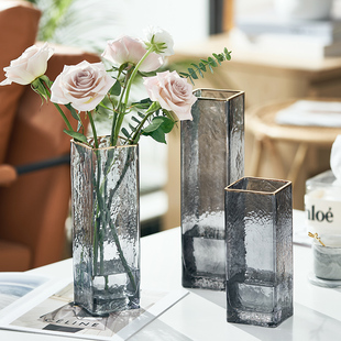 北欧轻奢网红方口描金花瓶玻璃，透明复古花瓶干鲜花，插花瓶摆件客厅
