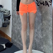 辣妹欧美女装低腰牛仔超短裤，糖果色毛卷，边露口袋彩色热裤果粒橙