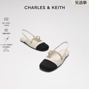 charles&keith春夏，女鞋ck1-70900382女士珠链绊带小香风平跟凉鞋
