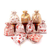 12个一组圣诞棉布袋烫金图案束口包装袋小袋糖果抽绳袋子