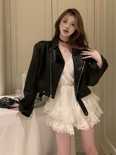 大码高级感黑色短款皮衣，外套女秋季性感，纯欲短款吊带蛋糕裙两件套