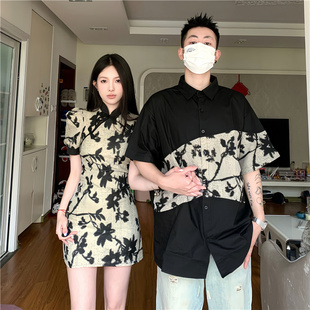 小众设计感情侣装夏季韩版短袖t恤女旗袍，连衣裙法式一裙一衣ins潮