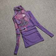 欧洲站2023秋季洋气高领打底衫，花色网纱长袖t恤时尚修身紫色上衣