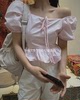 直邮韩国2024春装方领系带泡泡袖，短袖短款可爱娃娃衫