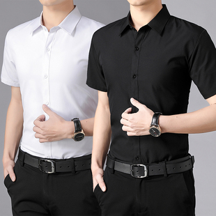 夏季短袖衬衫男士黑色，衬衣修身商务正装，纯色长袖男上班白寸衣