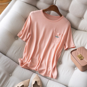 顺滑天丝刺绣真丝圆领针织衫24年夏季短袖粉橘色T恤上衣显白
