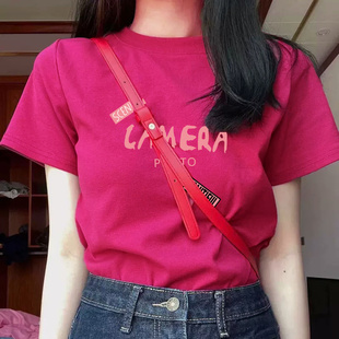 chic港味玫红色t恤女夏季2023修身显瘦打底衫欧货短袖纯棉