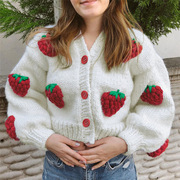 欧美风2022秋冬女装时尚设计单排扣V领针织开衫草莓长袖毛衣
