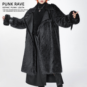 punkrave原创设计朋克中长款毛绒，外套女复古拼接秋冬黑色过膝大衣
