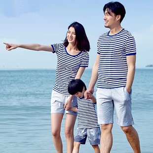 海军风亲子装短袖一家三口宽松版蓝白条半袖夏全家家庭装T恤