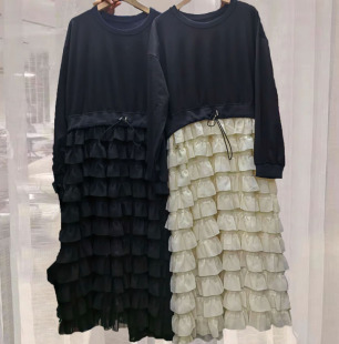 法式小香风黑色雪纺蛋糕裙拼接假两件针织连衣裙显瘦长袖卫衣裙秋