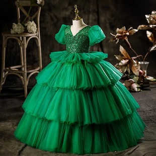 儿童礼服女童模特走秀公主裙绿色高端小女孩主持人钢琴比赛演出服