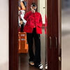 新中式国风红色新年穿搭棉服，女2023冬季短款夹棉加厚丝绒外套