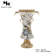 欧式餐厅装饰摆件陶瓷，配铜花插花瓶美式奢华客厅手绘花鸟软装饰品