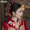 新中式古风红色绒花朵流苏，结婚头饰敬酒旗袍礼服，配饰扇形秀禾饰品