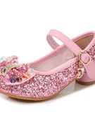 女孩公主鞋高跟粉色2023春秋季蓝色亮片，水晶鞋软底中大童皮鞋